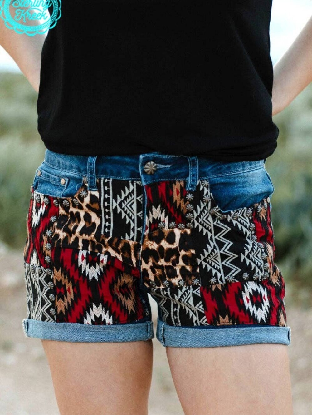 NEW Patched Up Denim Shorts-In Red Aztec And Leopard Print